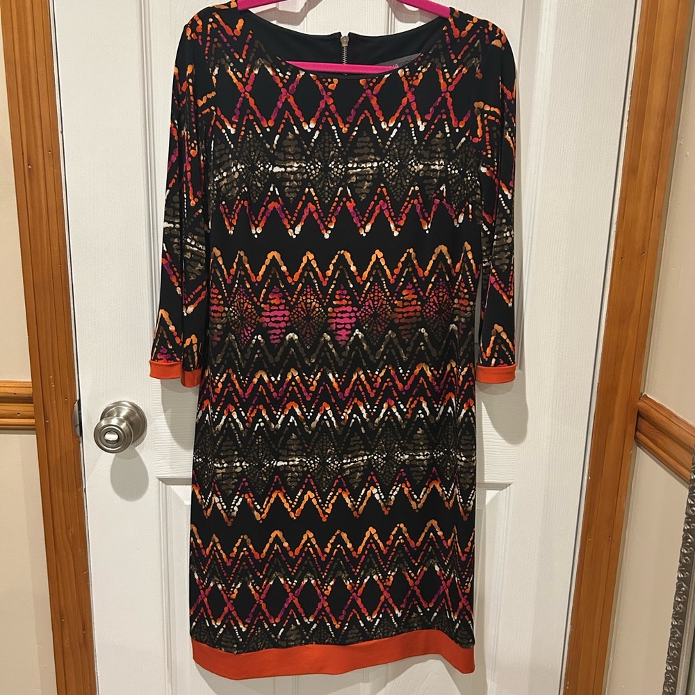Donna Ricco Black and Orange Sheath Dress with Cuffed Sleeves